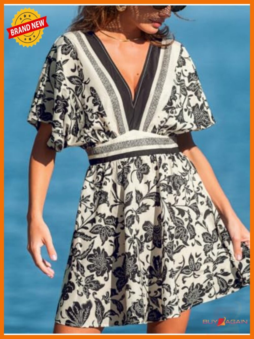 Plunging V Neck Floral Mini Dress Elastic Waist - Picture 3 of 5